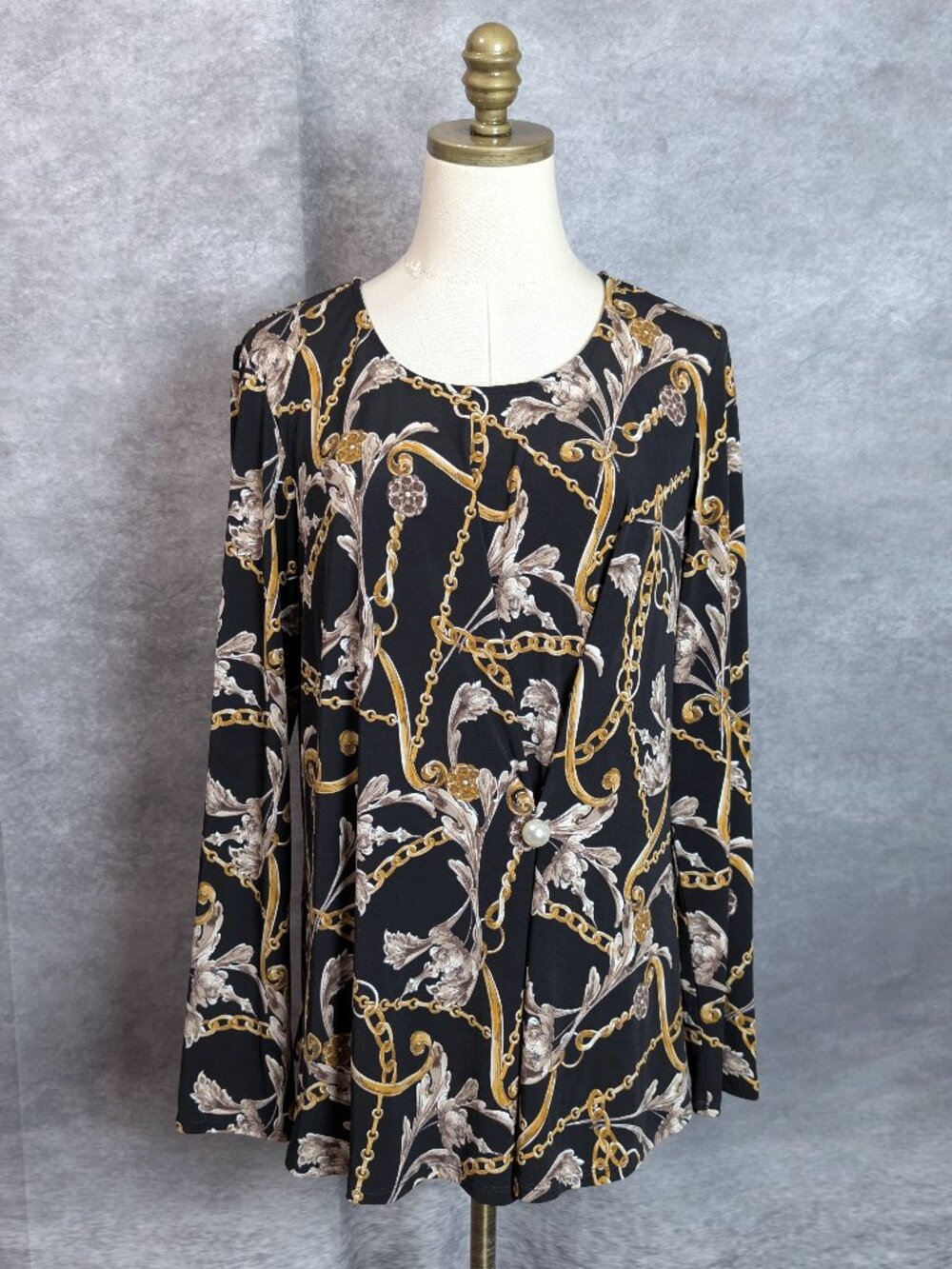 Joseph Ribkoff Baroque Chain Print Tunic Top 12 Ruched Pearl Accent Blouse Black